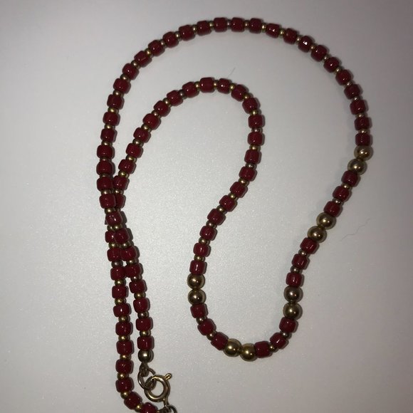 16" Long Red and Gold Beaded Necklace - Picture 3 of 4